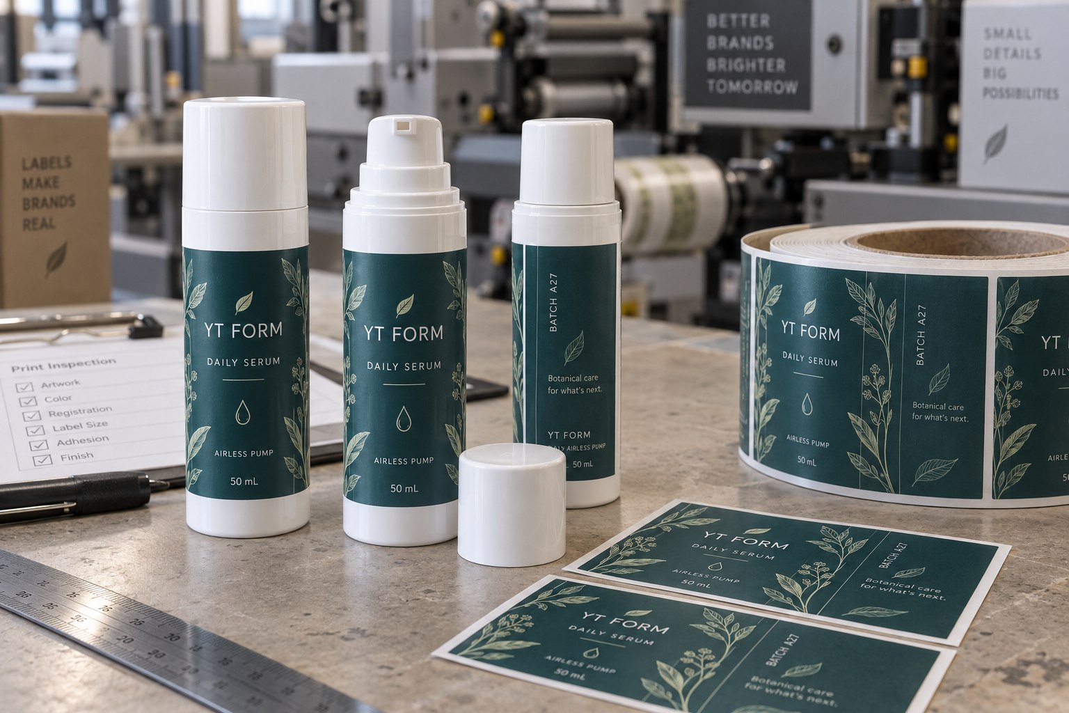 Teal botanical serum labels on airless pump bottles with matching printed label rolls at a sample inspection bench