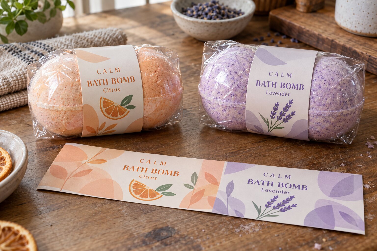 Two wrapped spherical bath bombs with complete CALM Citrus and Lavender printed belly bands and a flat sample band