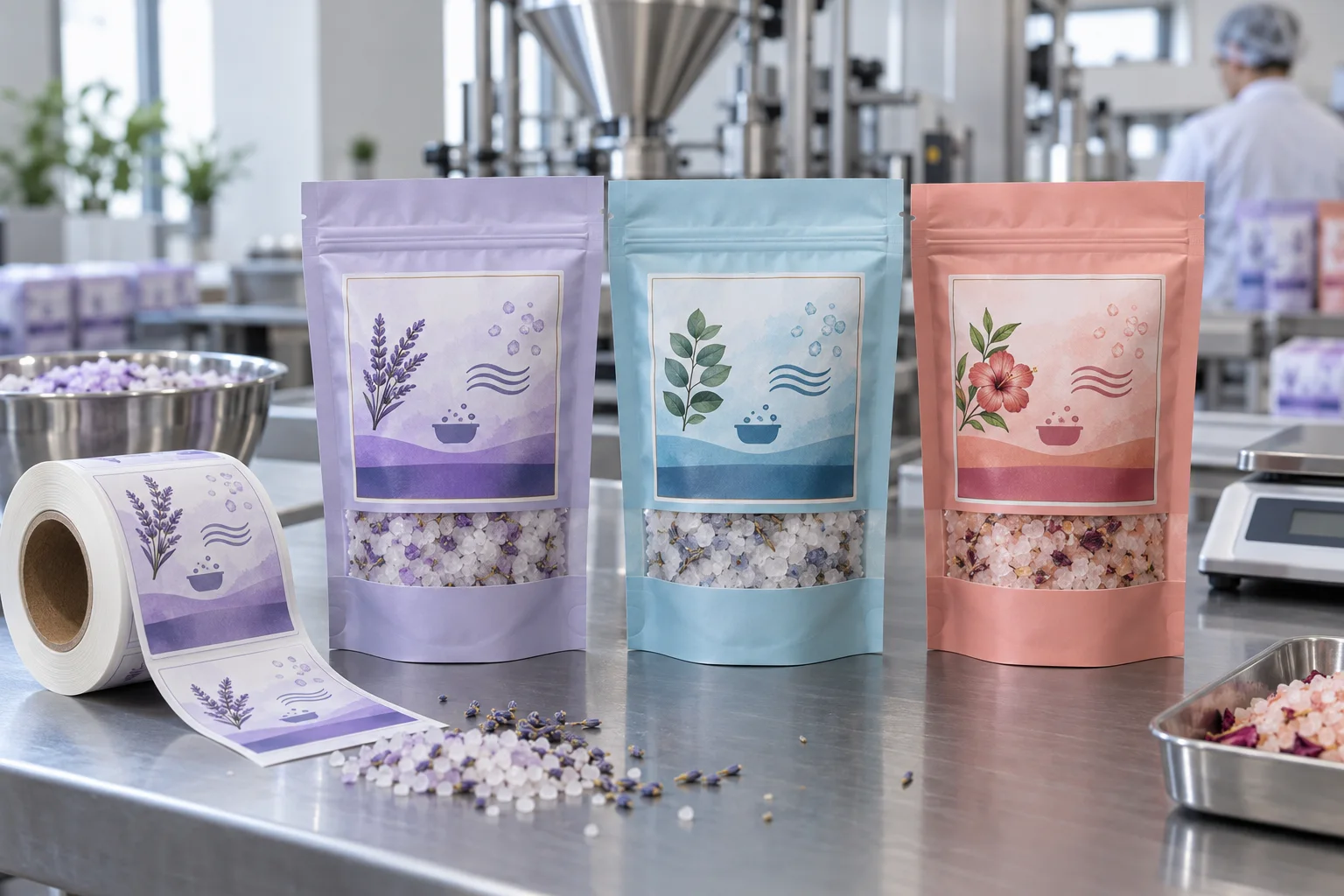 Bath salt pouches with original water-wave, salt crystal and botanical graphic labels at a cosmetic packaging factory