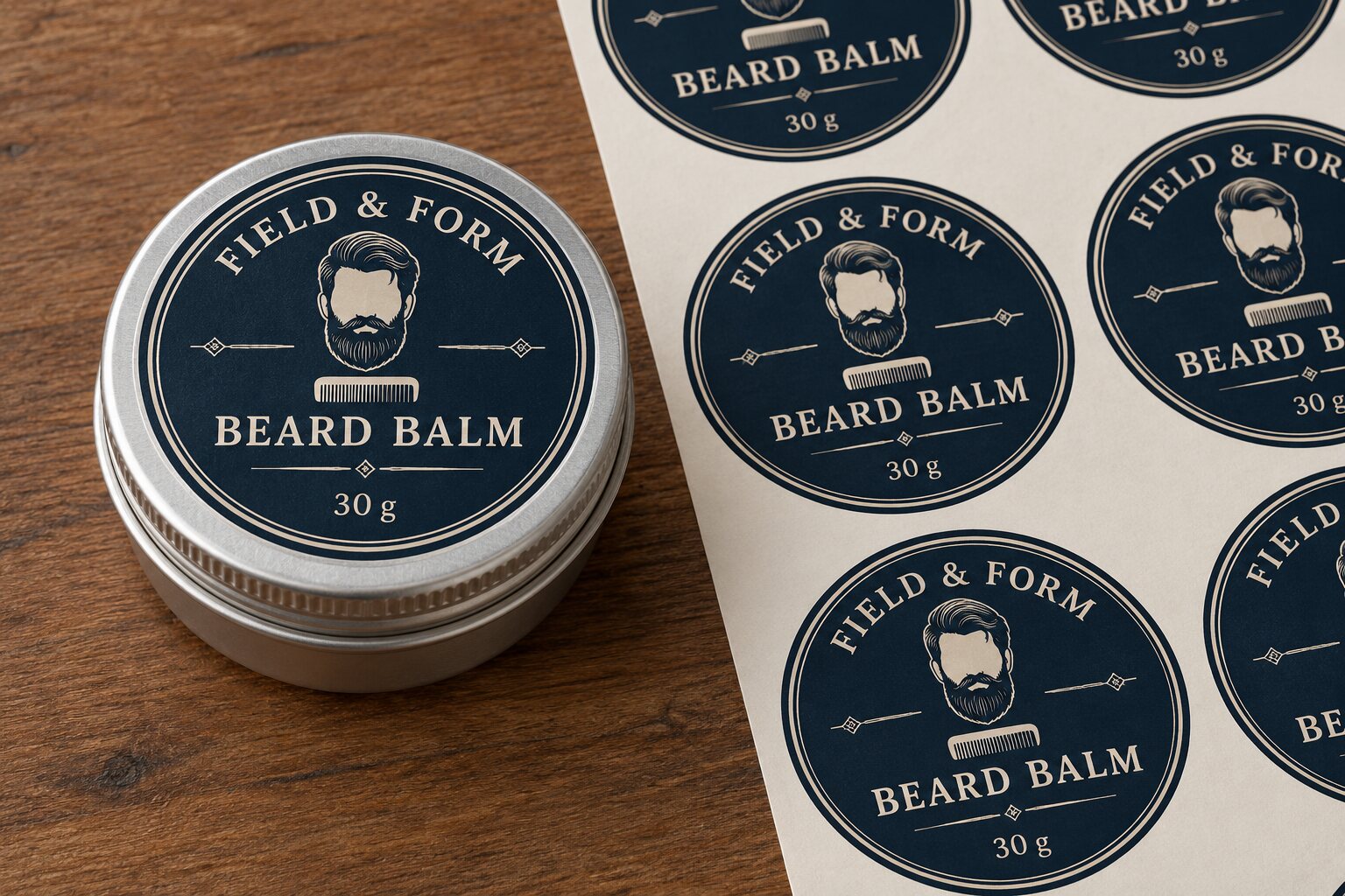 FIELD & FORM metal beard balm tin with complete navy circular lid label, beard and comb illustration, 30 g text and matching die-cut label sheet