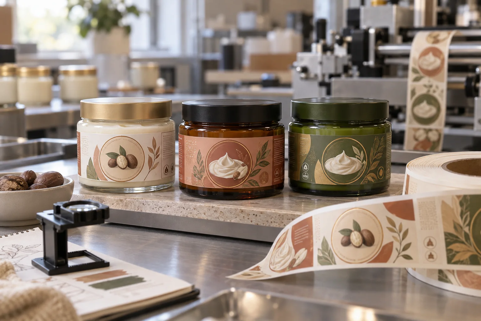 Body butter jars with original shea-nut and cream-swirl graphic labels at a cosmetic packaging workbench