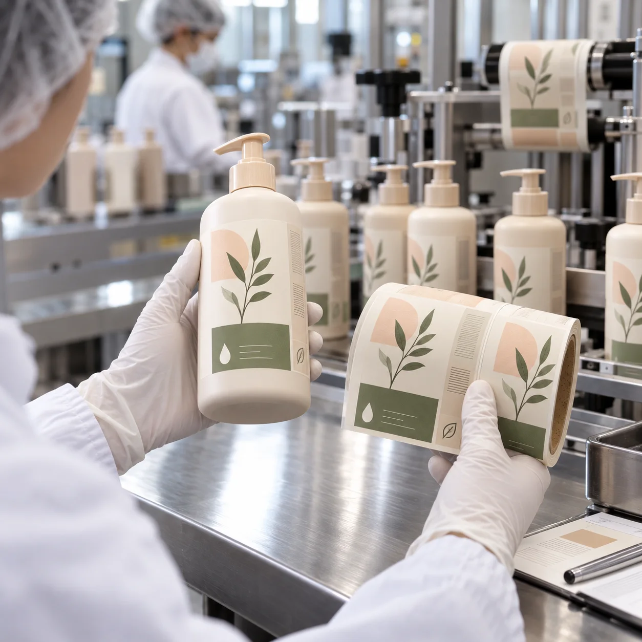 Body lotion pump bottles with botanical graphic labels inspected at a cosmetic packaging line