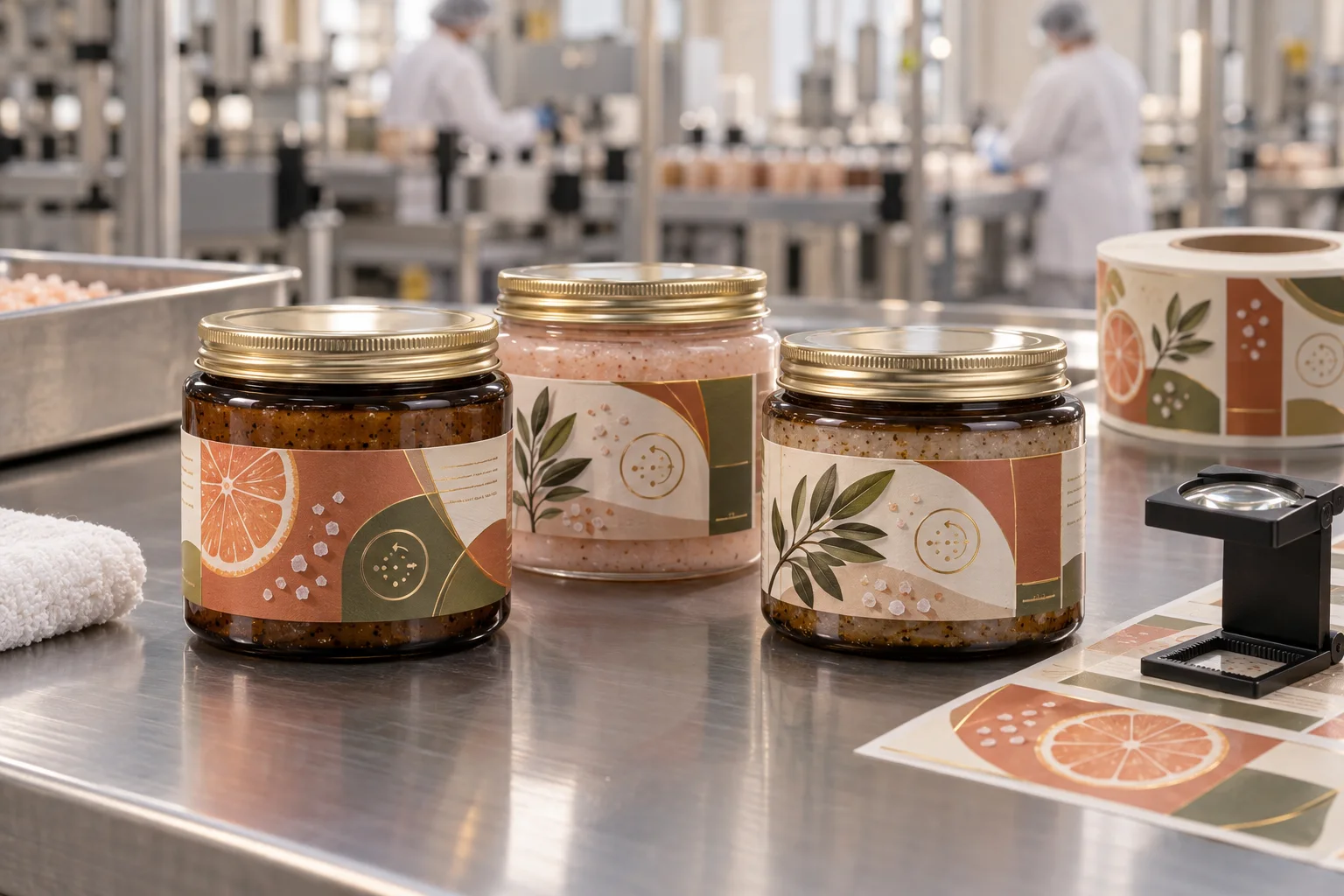 Body scrub jars with citrus and botanical graphic labels checked on a cosmetic packaging workbench