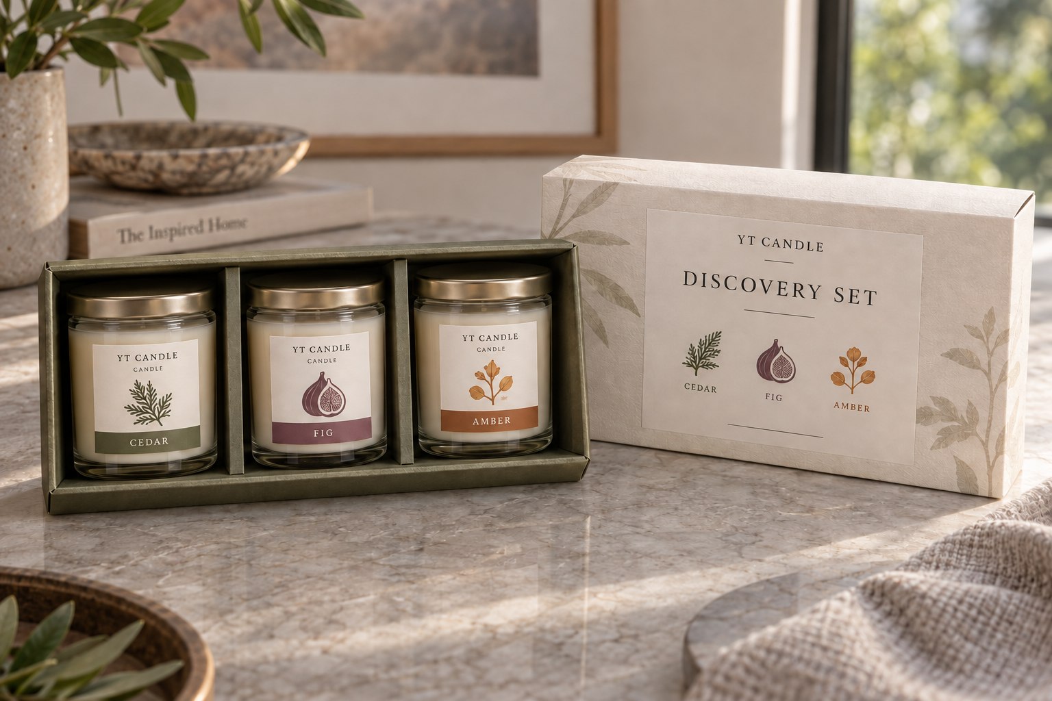 Three miniature candle jars in a fitted discovery box with complete Cedar, Fig and Amber labels and a matching outer-box label