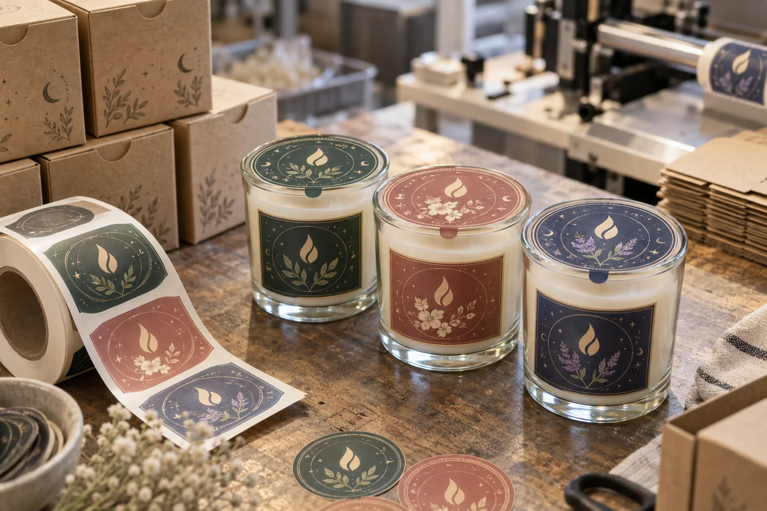 Jar candles with original flame, botanical and constellation graphic dust covers at a fragrance packaging factory