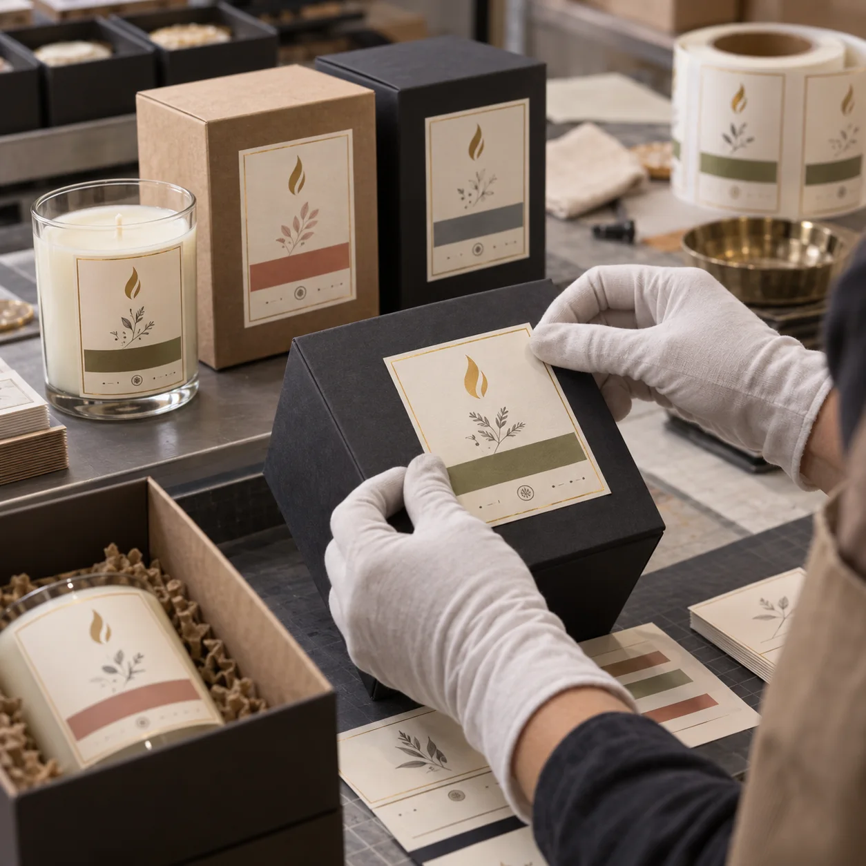 Premium candle gift boxes with blank centered labels being finished at a packaging workstation