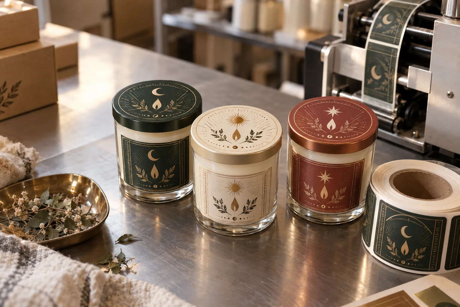 Glass jar candles with original flame and botanical round lid labels on a home-fragrance packaging workbench