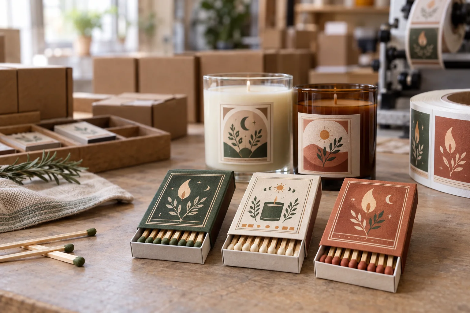 Custom candle matchboxes with original flame and botanical graphic labels beside coordinated candle jars at a fragrance packaging workbench