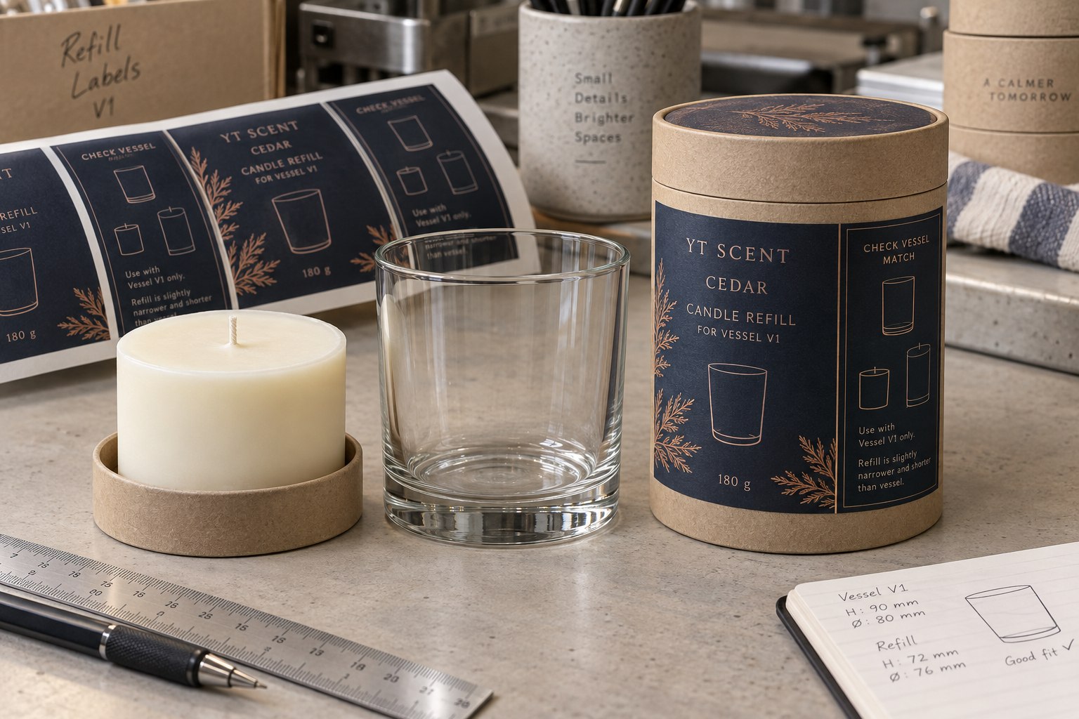 Cedar candle refill carton with navy botanical label and vessel identifier, an unlit wax refill, empty matching glass vessel and printed labels