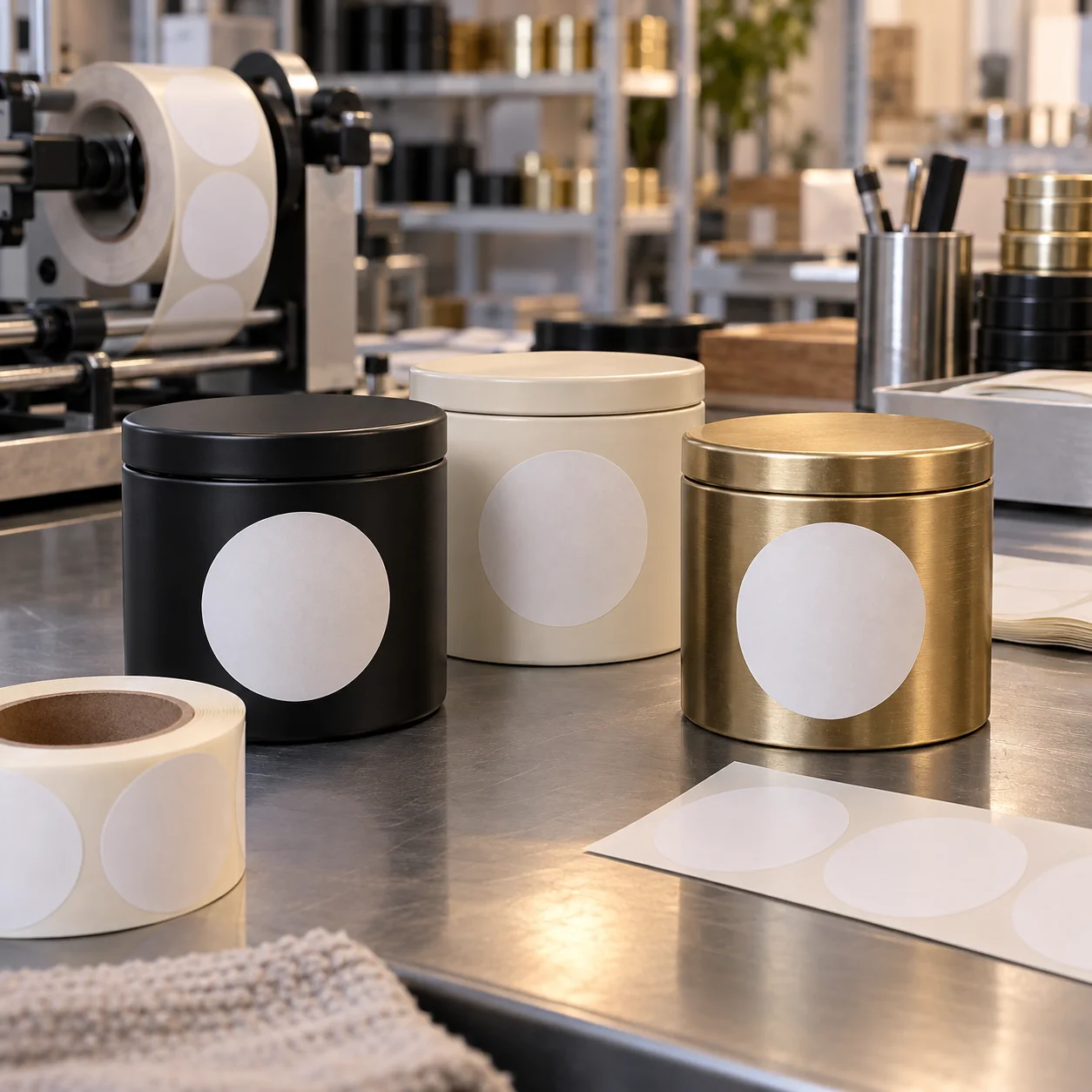 Metal candle tins with precisely applied blank labels in a label finishing workspace