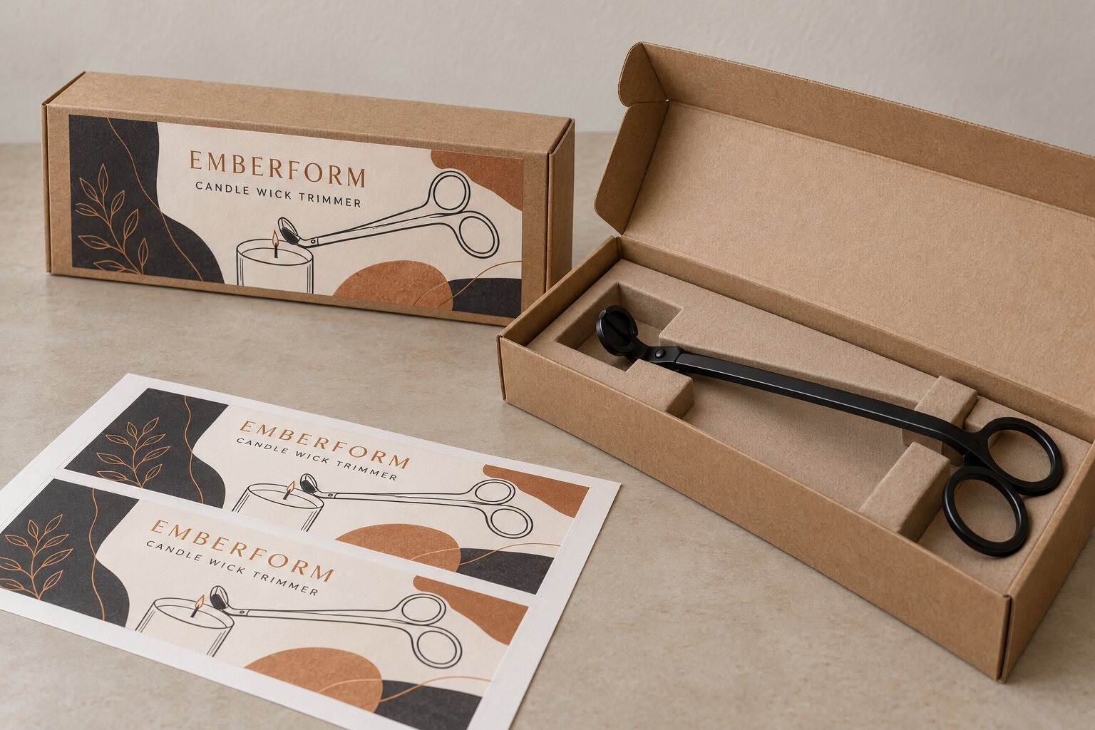 Closed and open EMBERFORM candle wick trimmer boxes with illustrated front labels, a single black trimmer tool in an insert and matching printed sheets
