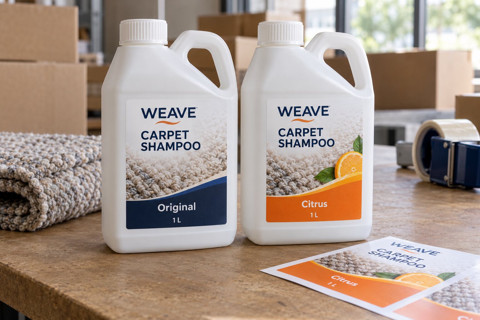 Two handled WEAVE carpet shampoo jugs with complete Original and Citrus labels placed on flat front panels below the grip openings