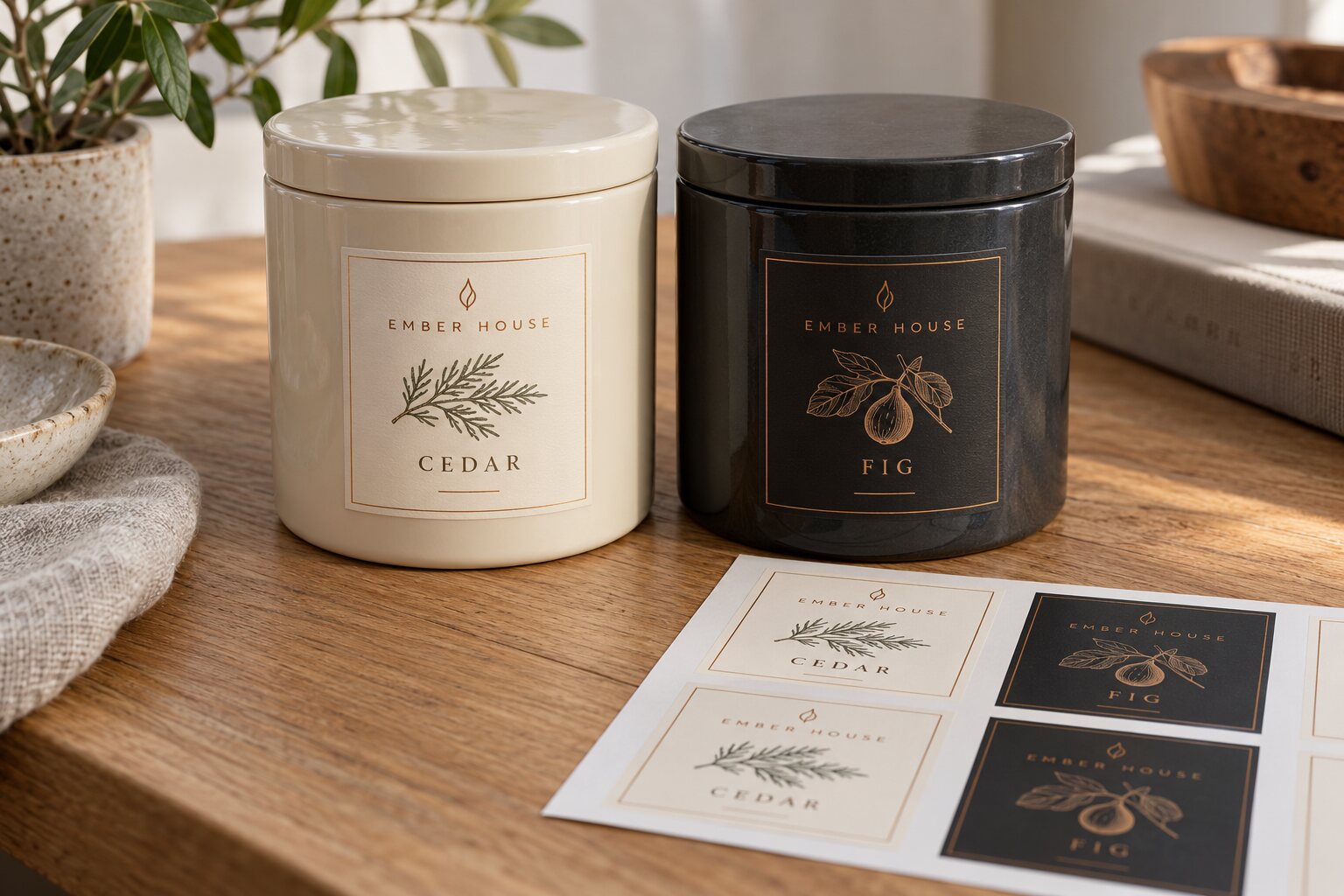 Cream and charcoal ceramic candle jars with original EMBER HOUSE Cedar and Fig side labels and matching printed sheets