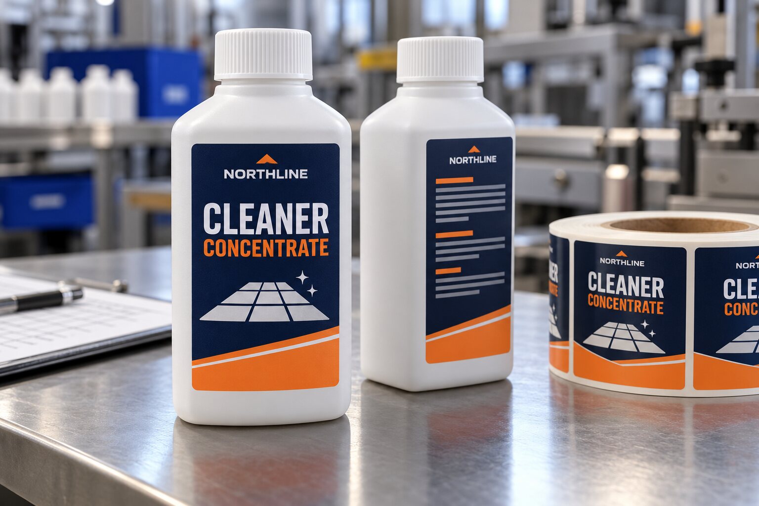 Two NORTHLINE cleaner concentrate screw-cap bottles with navy and orange printed labels and a matching label roll