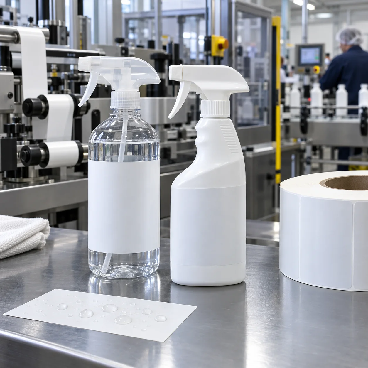 Cleaning spray bottles with waterproof blank labels beside label production equipment