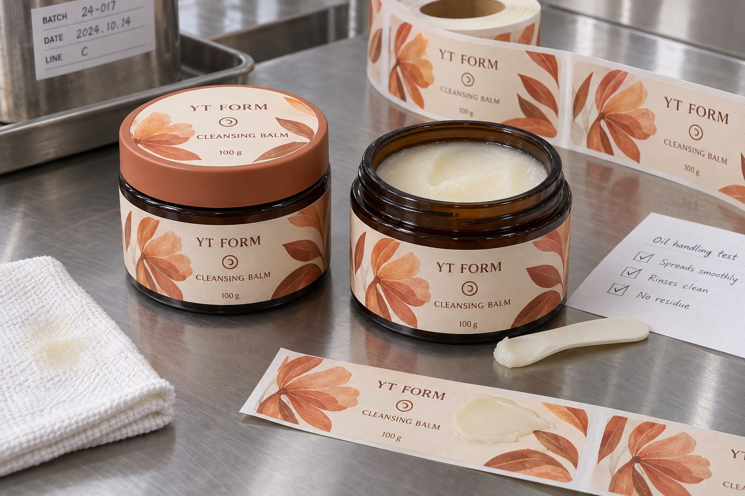 Terracotta cleansing balm jar labels with botanical artwork, an open balm jar, spatula and matching printed sample labels