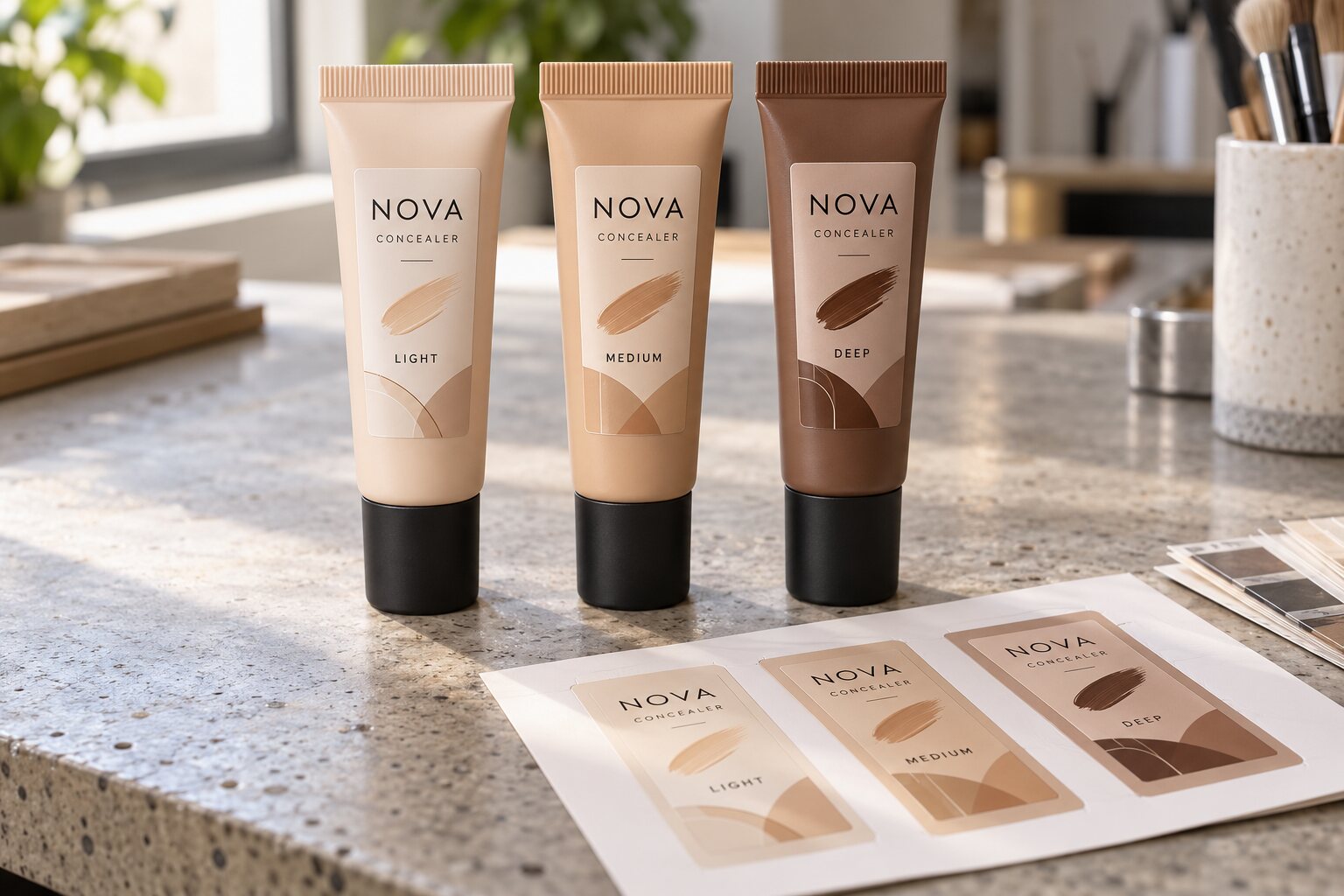 Three NOVA concealer squeeze tubes with Light Medium and Deep printed front labels and matching shade label sheets