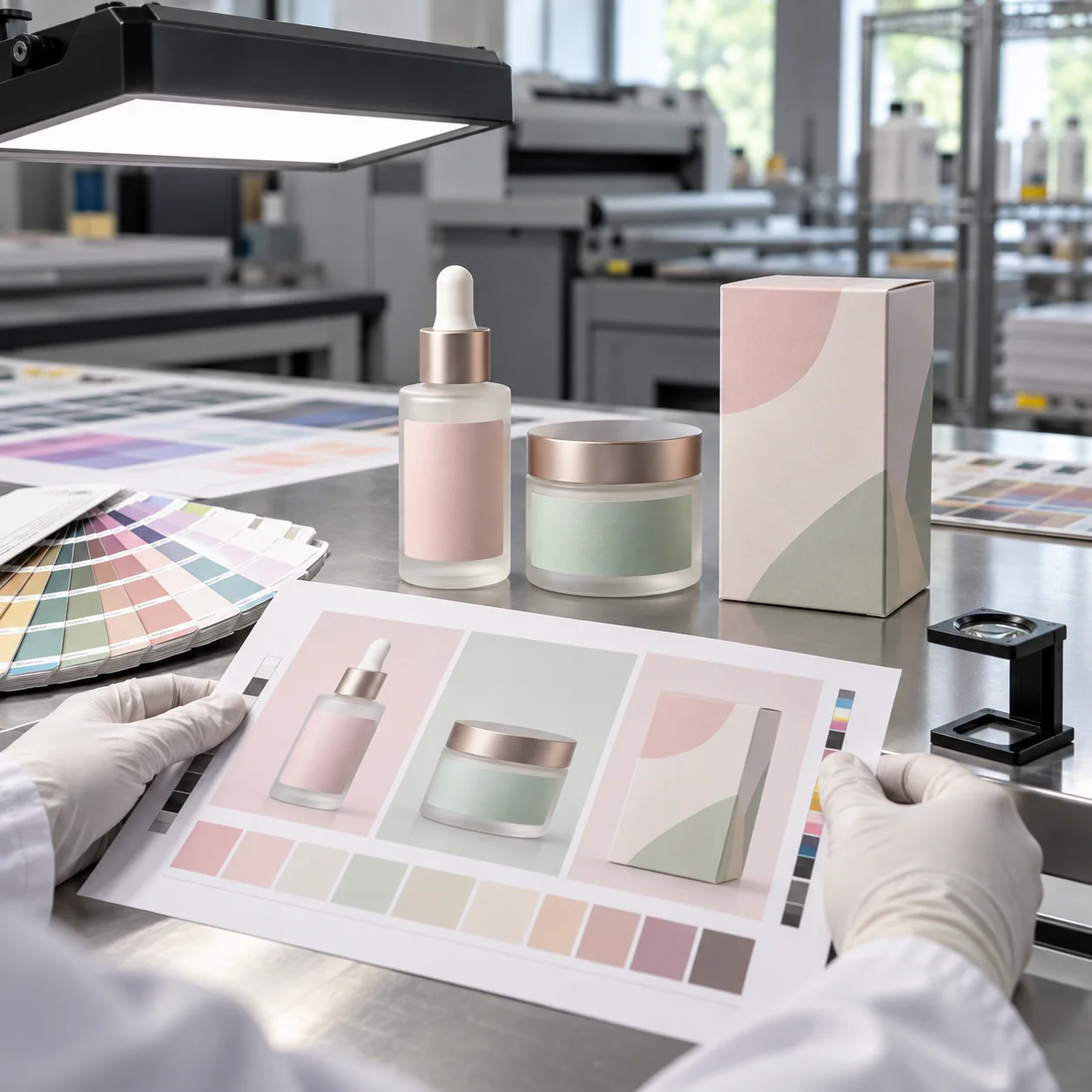 Cosmetic label color proofing with skincare bottle and cream jar samples