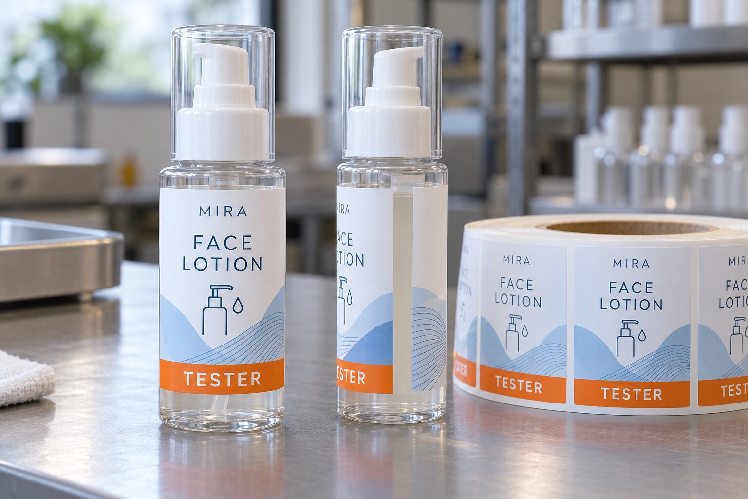 Two MIRA face-lotion pump tester bottles with blue graphic labels, orange TESTER bands and a matching printed label roll