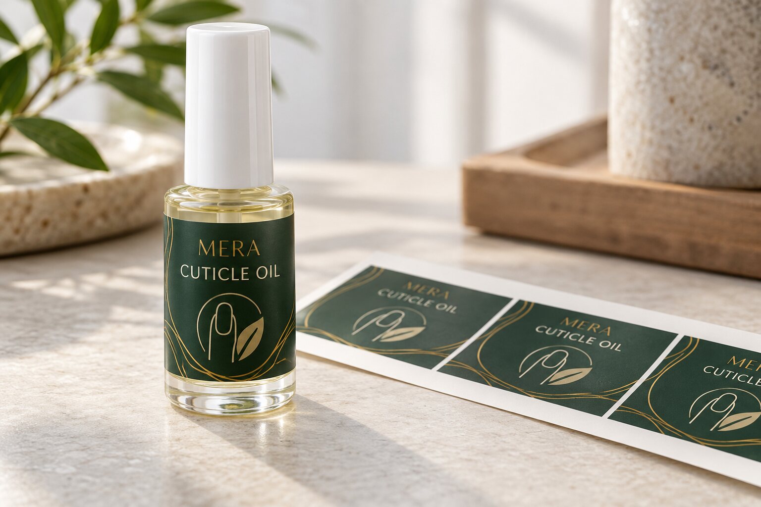 MERA cuticle oil brush bottle with a fitted forest-green label, nail-and-leaf icon and matching printed label sheet