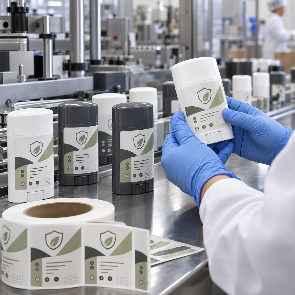 Deodorant sticks with designed graphic labels being inspected in a personal-care label factory