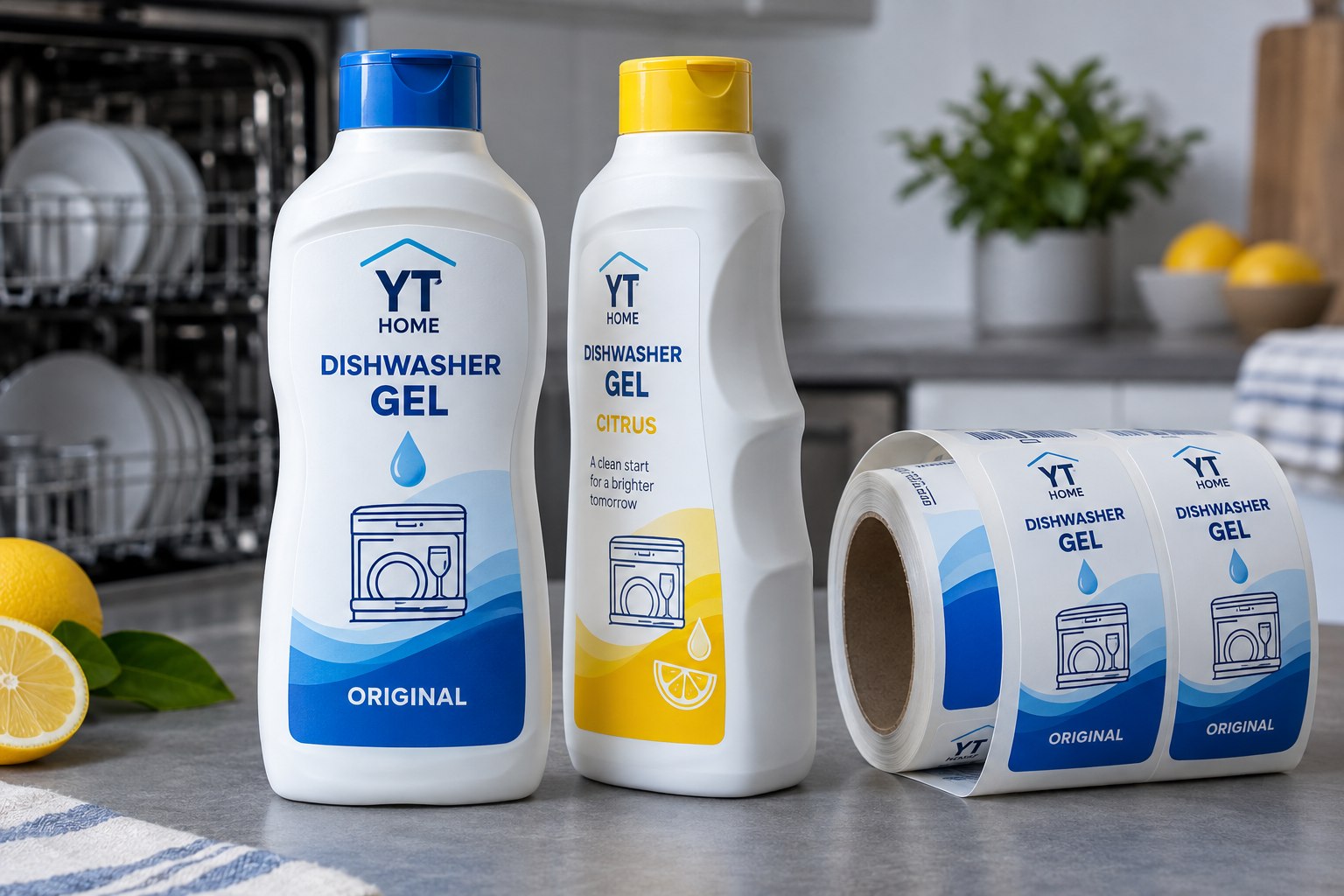 Two dishwasher gel squeeze bottles with original blue and yellow product labels and a matching printed label roll