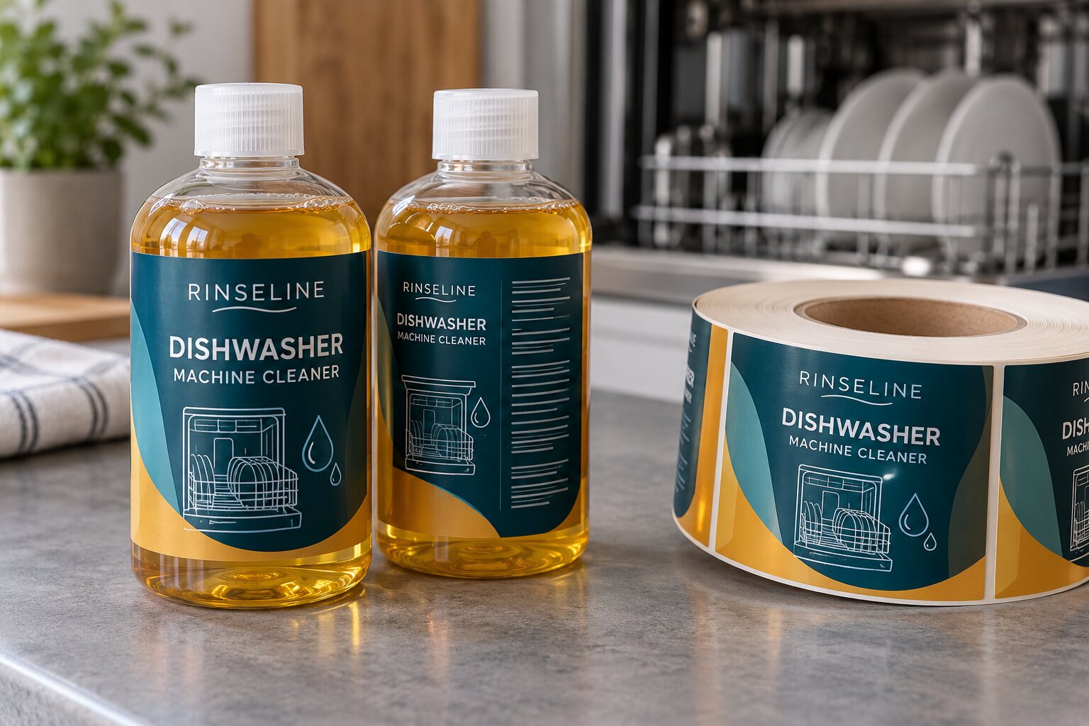 Two RINSELINE dishwasher machine cleaner bottles with complete teal-and-amber labels, dishwasher icons and a matching printed label roll