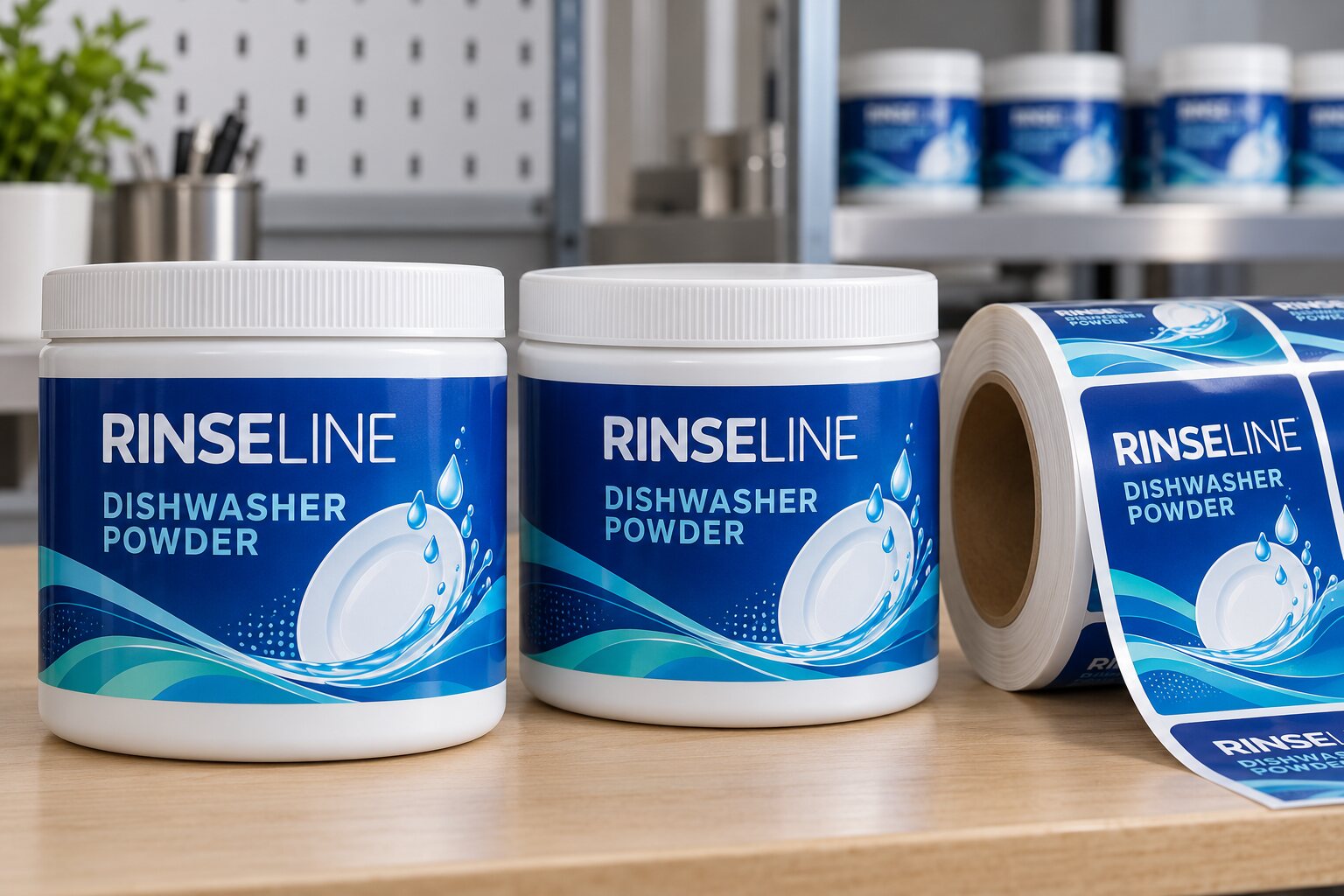 Two RINSELINE dishwasher powder tubs with complete blue sidewall labels and a matching printed label roll