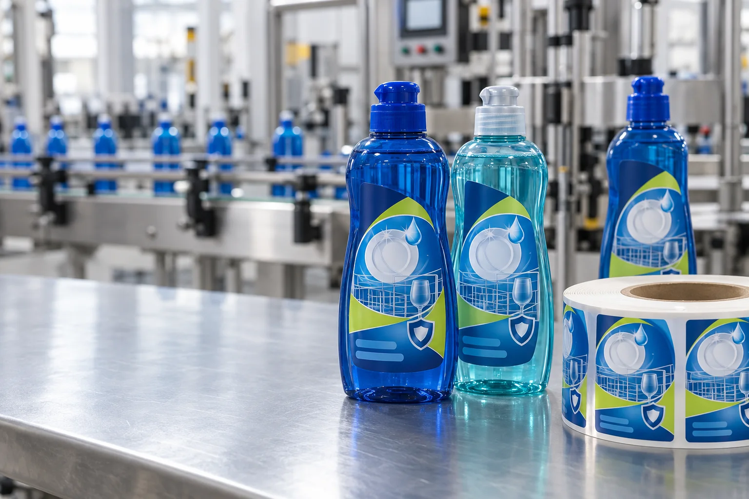 Dishwasher rinse aid bottles with original plate, water-drop and sparkle graphic labels at a household-care packaging factory