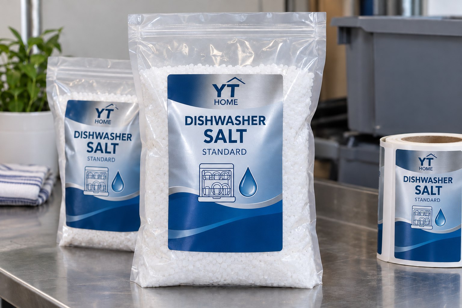 Flexible dishwasher salt bags with complete original blue labels, salt-crystal icons and matching printed label rolls