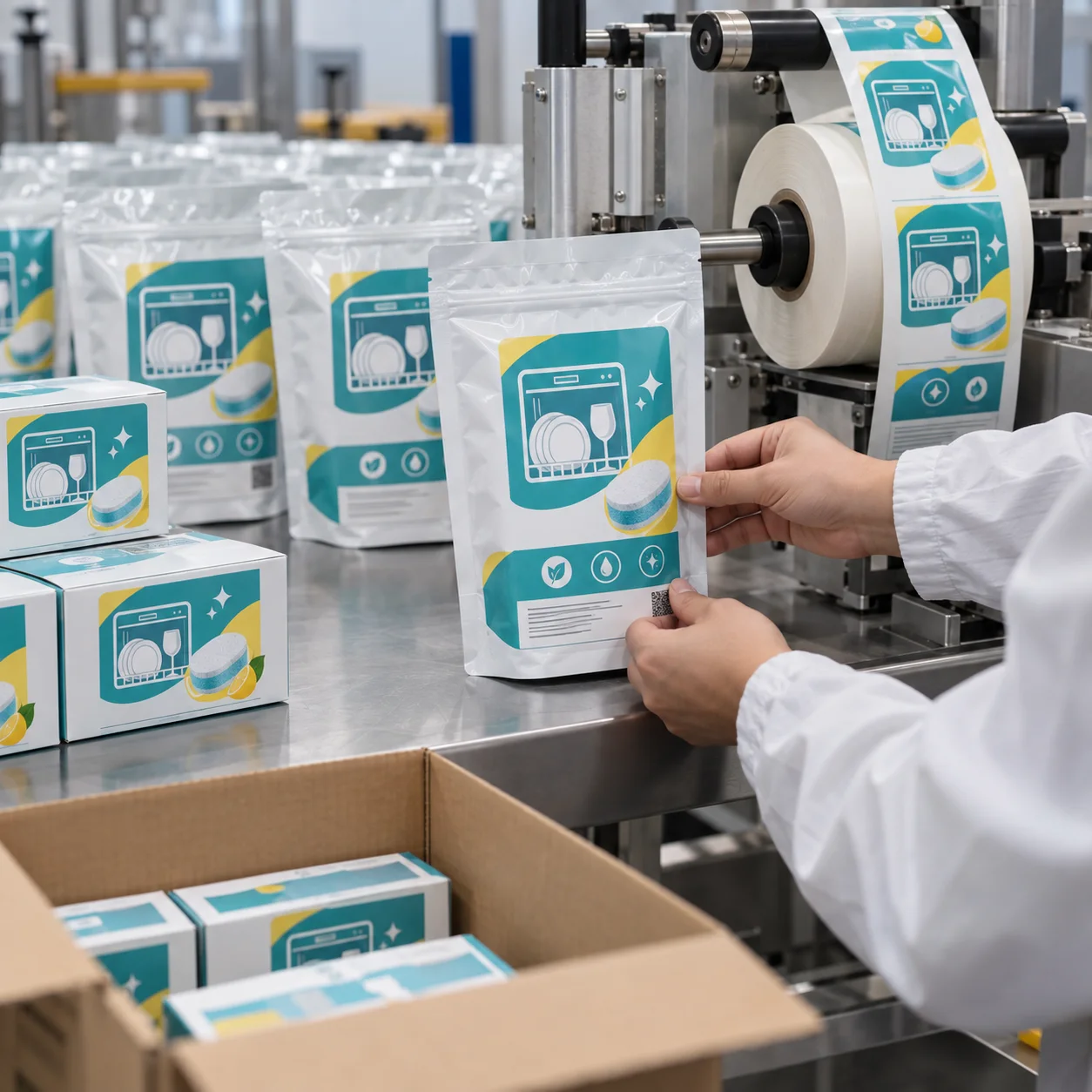Dishwasher tablet pouches and cartons with graphic dishwasher and tablet label icons at a packaging line