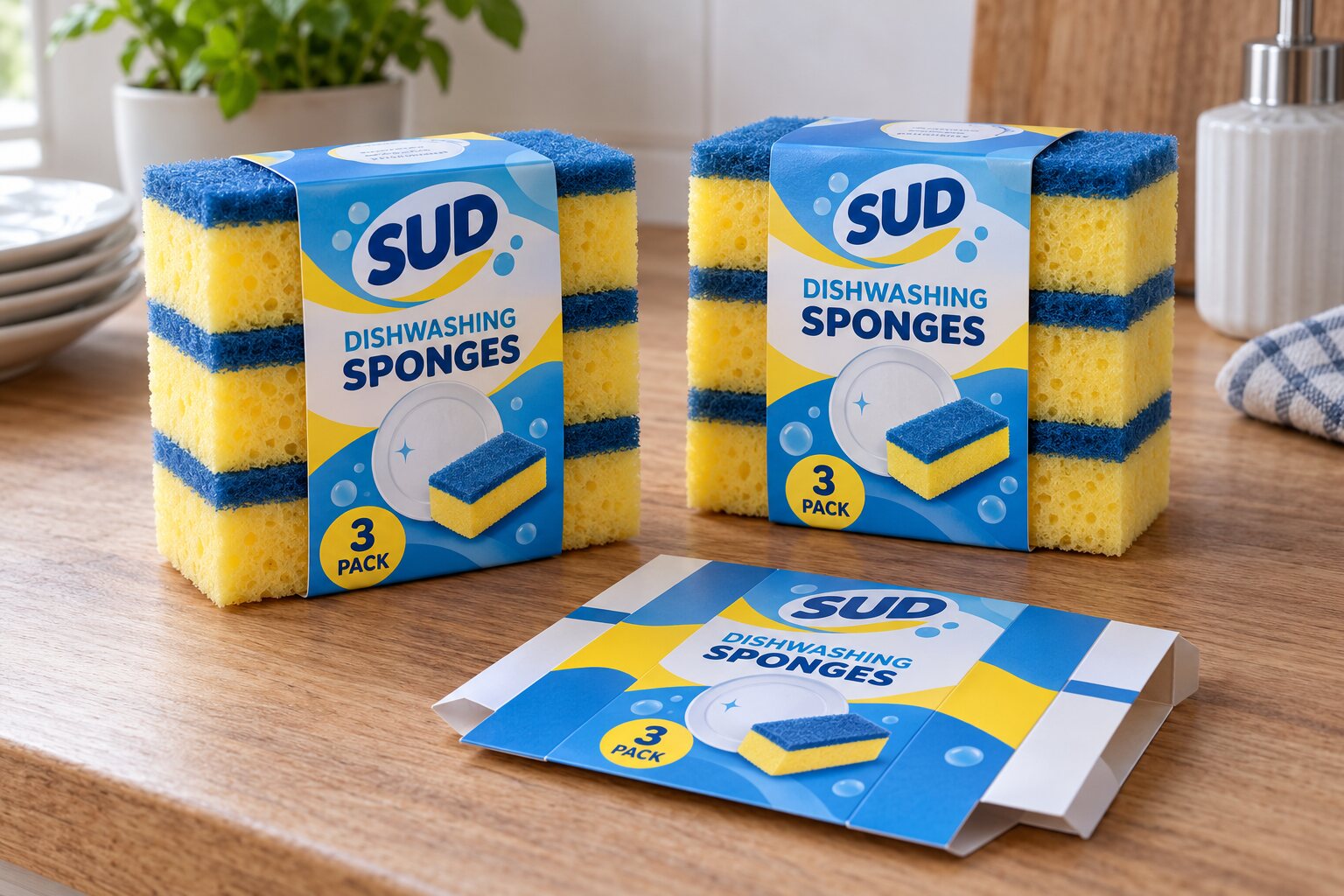 Two SUD three-packs with three separate blue-and-yellow dishwashing sponges visible at the sides, wrapped by illustrated paper sleeves