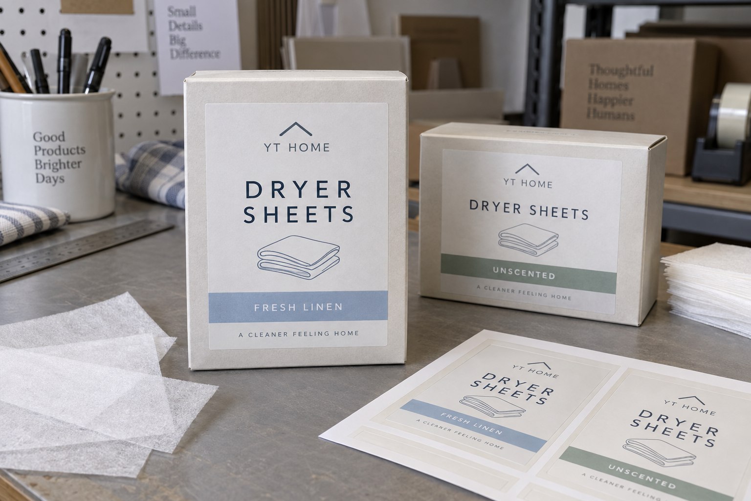 Fresh Linen and Unscented dryer sheet cartons with complete original applied labels and printed sample sheets
