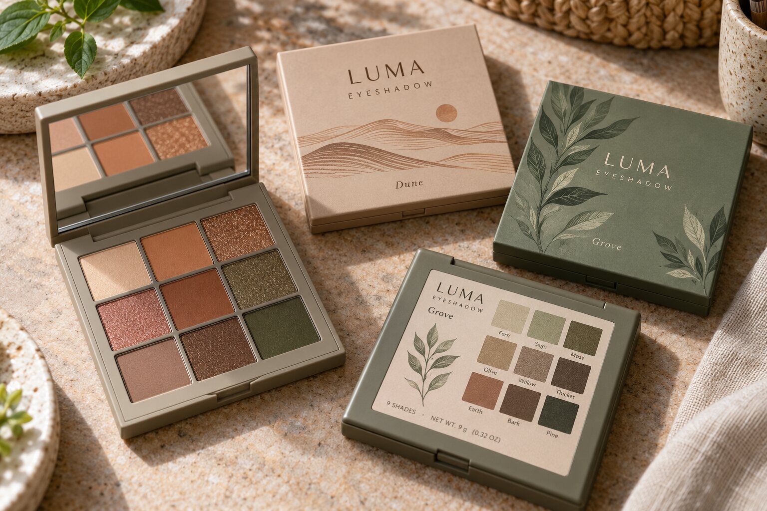 LUMA nine-pan eyeshadow palettes with Dune and Grove artwork and a complete nine-shade map label applied to the flat back of a closed compact