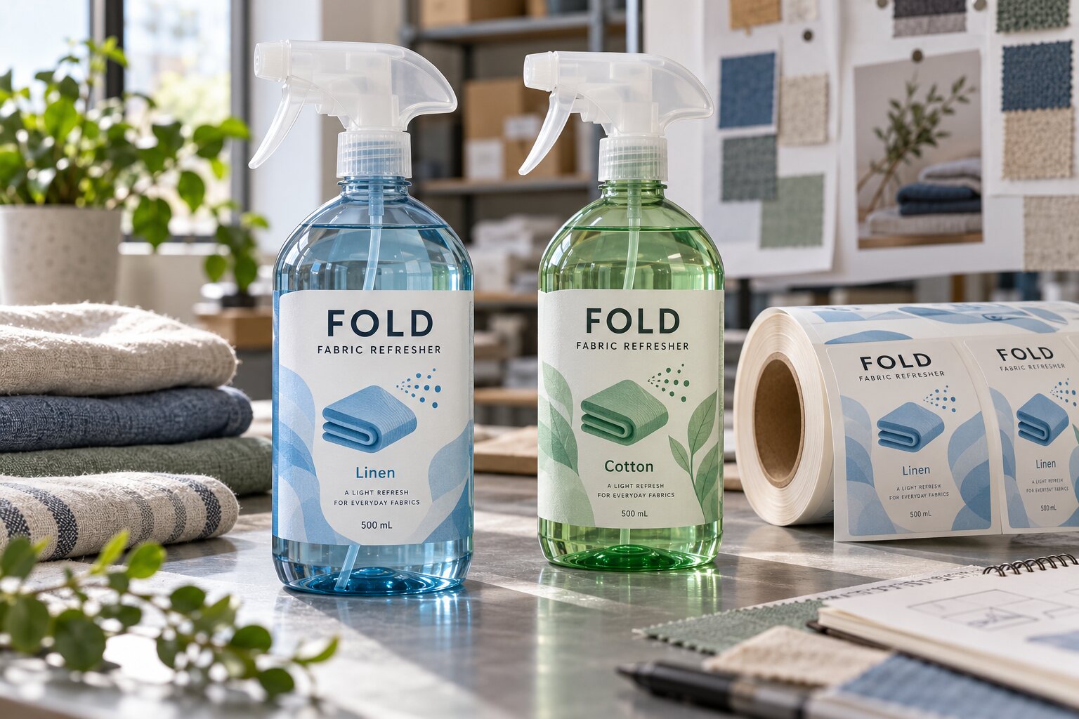 Two original FOLD Fabric Refresher trigger spray bottle labels in Linen and Cotton variants beside a matching printed label roll