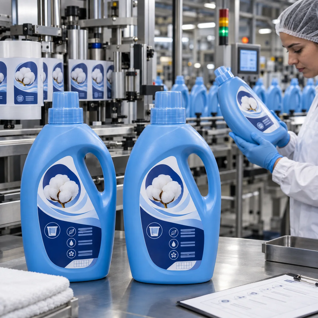 Fabric softener bottles with blank waterproof labels being checked in a laundry care label production facility