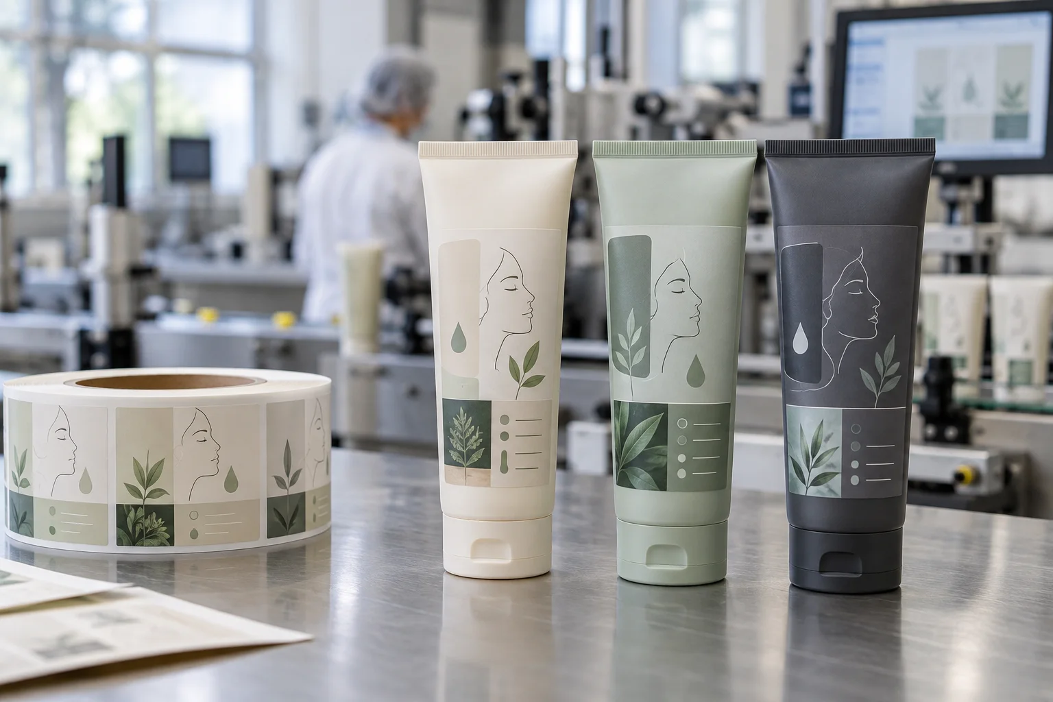 Facial cleanser tubes with original botanical and water-drop graphic labels at a cosmetic packaging factory