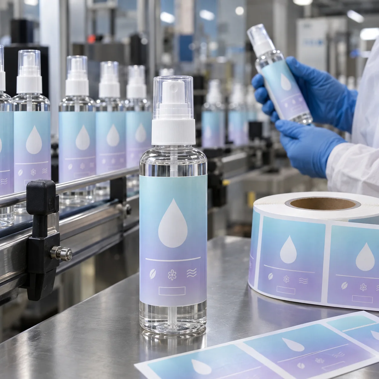 Fine-mist cosmetic spray bottles with blank labels being inspected on a label production line