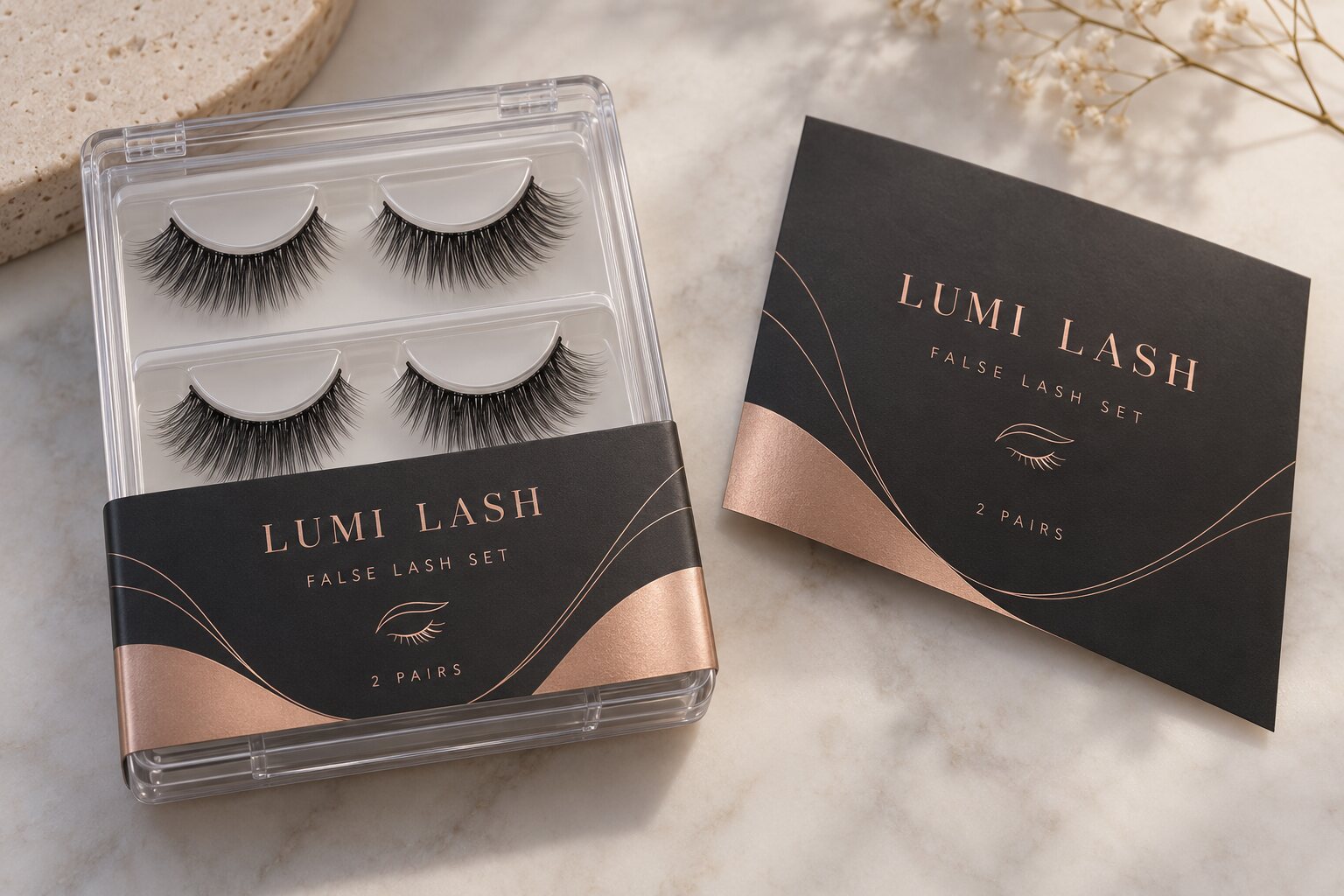 LUMI LASH clear hinged tray with two visible pairs of false eyelashes and a complete black-and-copper printed lower paper sleeve beside a flat artwork proof