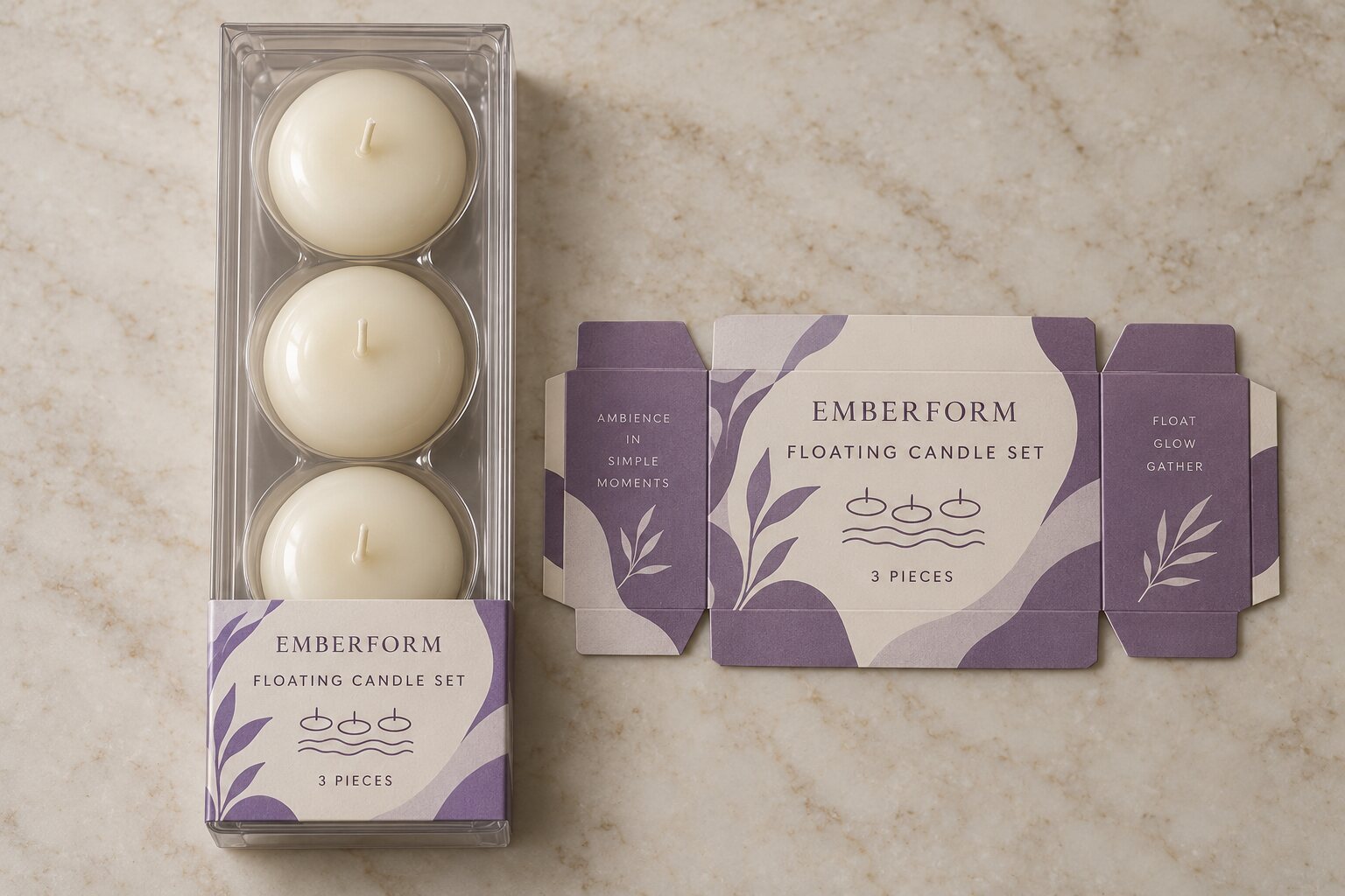 EMBERFORM clear molded tray showing three separate unlit floating candles with a complete plum and ivory three-piece paperboard band at its lower end