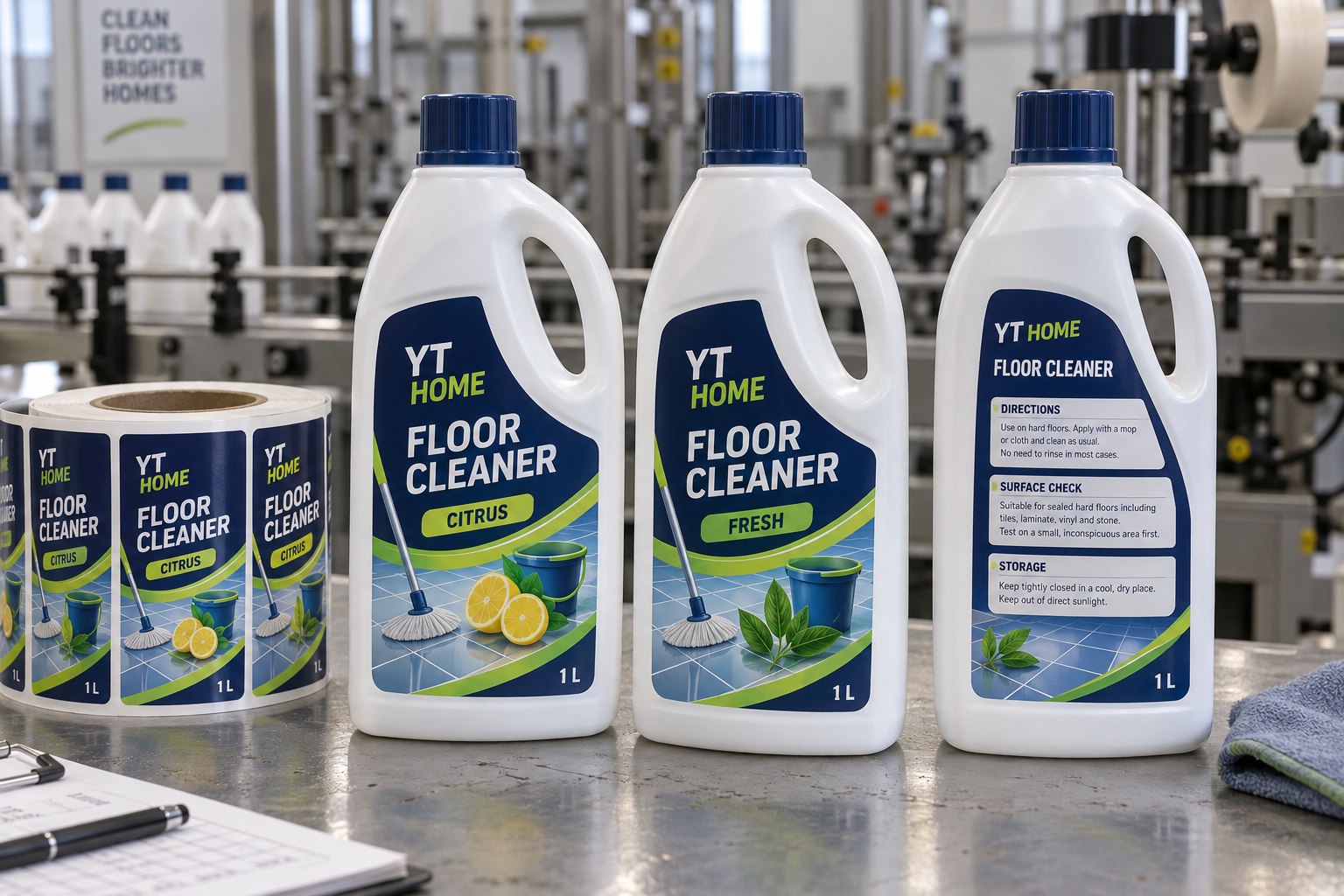 Handled floor cleaner bottles with navy and lime tile-pattern labels, mop icons, readable information panels and a matching label roll