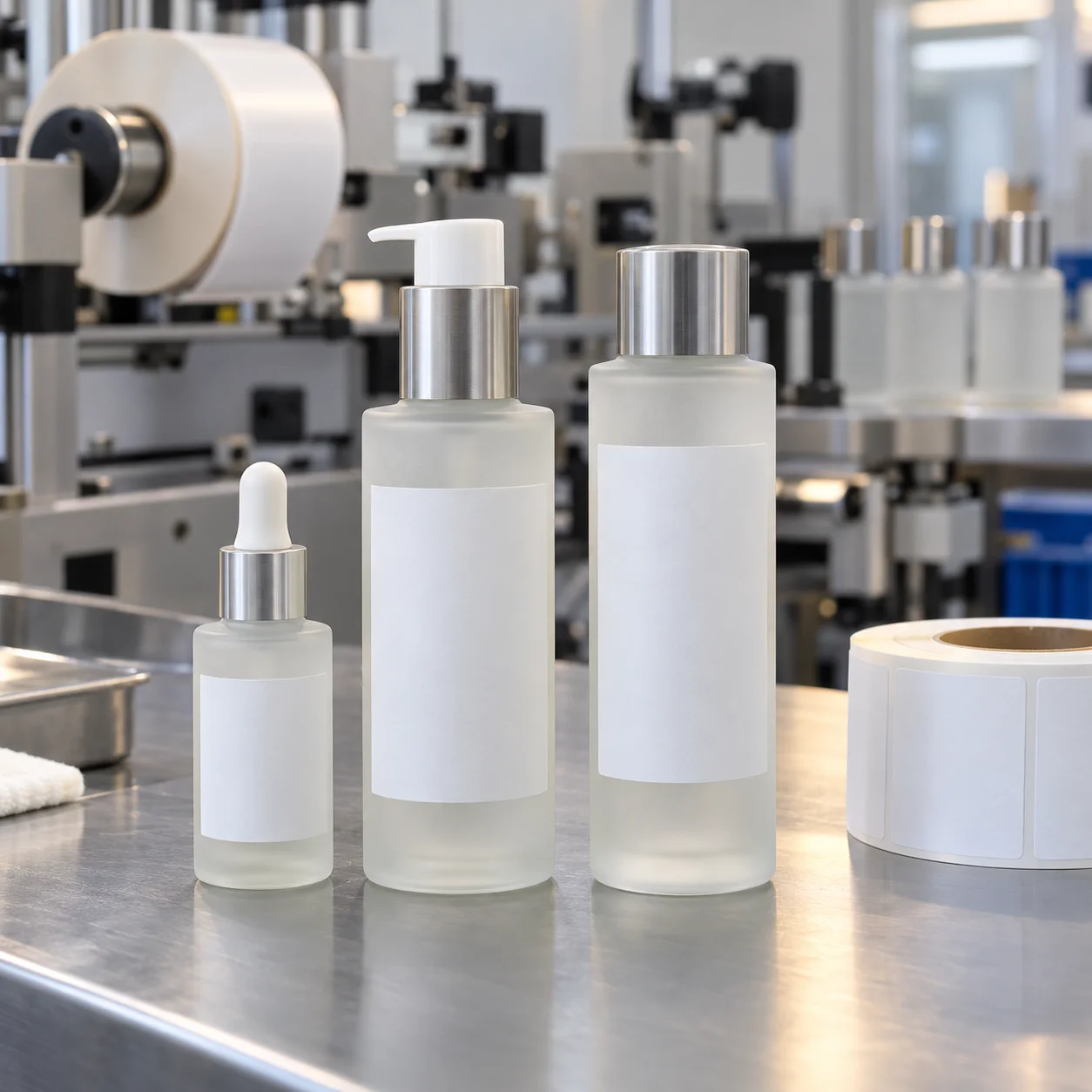 Frosted glass skincare bottles with blank cosmetic labels at a label production station