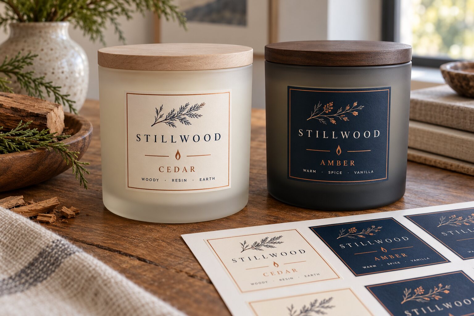 Ivory and smoke frosted glass STILLWOOD candle jars with original Cedar and Amber side labels and matching printed sheets