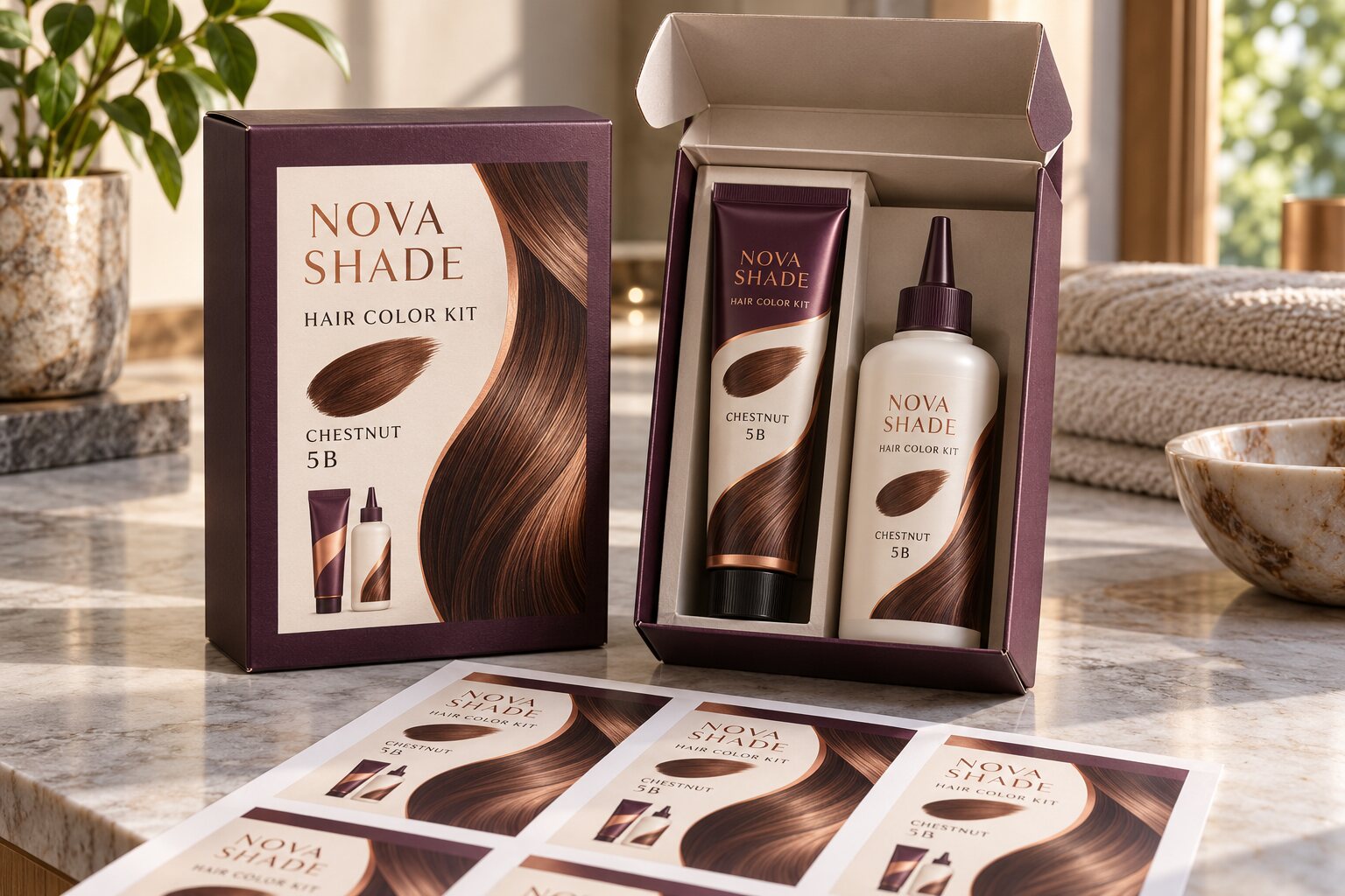 Closed and open NOVA SHADE hair color kit cartons with a CHESTNUT 5B front label, illustrated tube and bottle, and matching printed label sheets