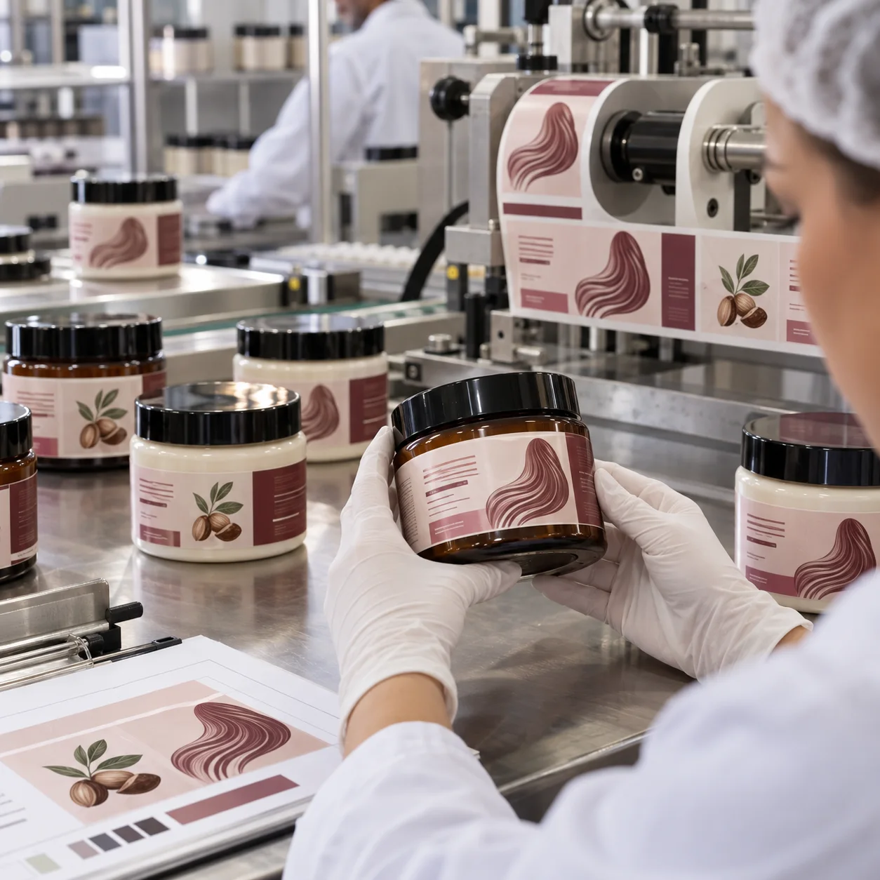 Hair mask jars with hair and botanical graphic labels checked in a cosmetic label factory