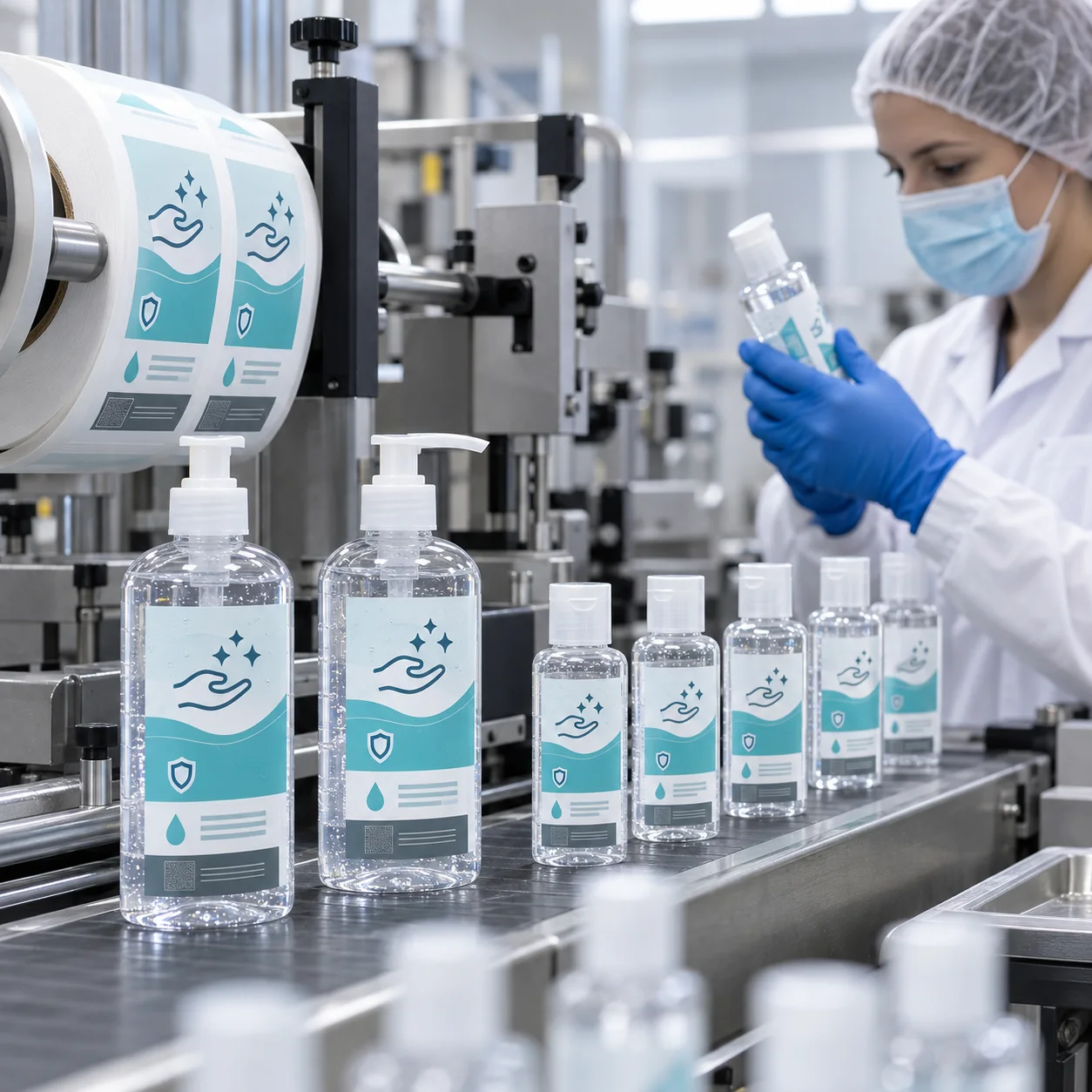 Hand sanitizer pump bottles with blank waterproof labels being inspected in a clean label production workspace