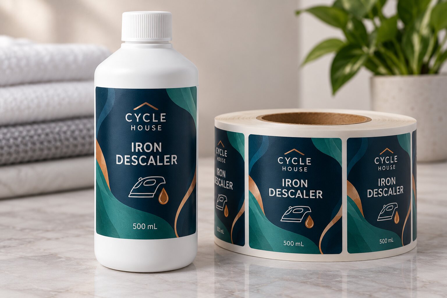 CYCLE HOUSE opaque screw-cap iron descaler bottle with complete navy and teal straight-wall label, iron-and-drop icon, and matching label roll