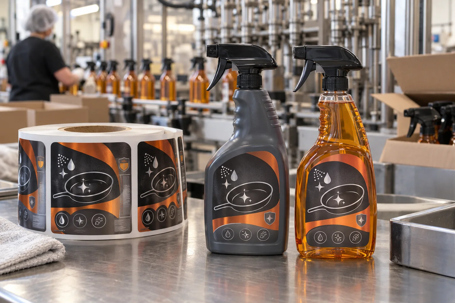 Kitchen degreaser trigger bottles with original cookware and grease-sparkle graphic labels at a production workstation
