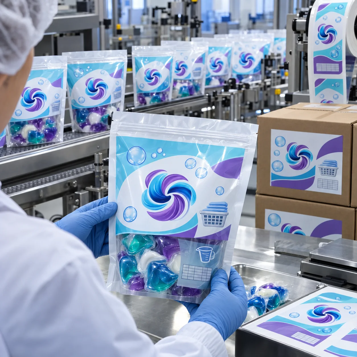 Laundry pod pouches with colorful fabric swirl graphic labels at a household-care packaging factory