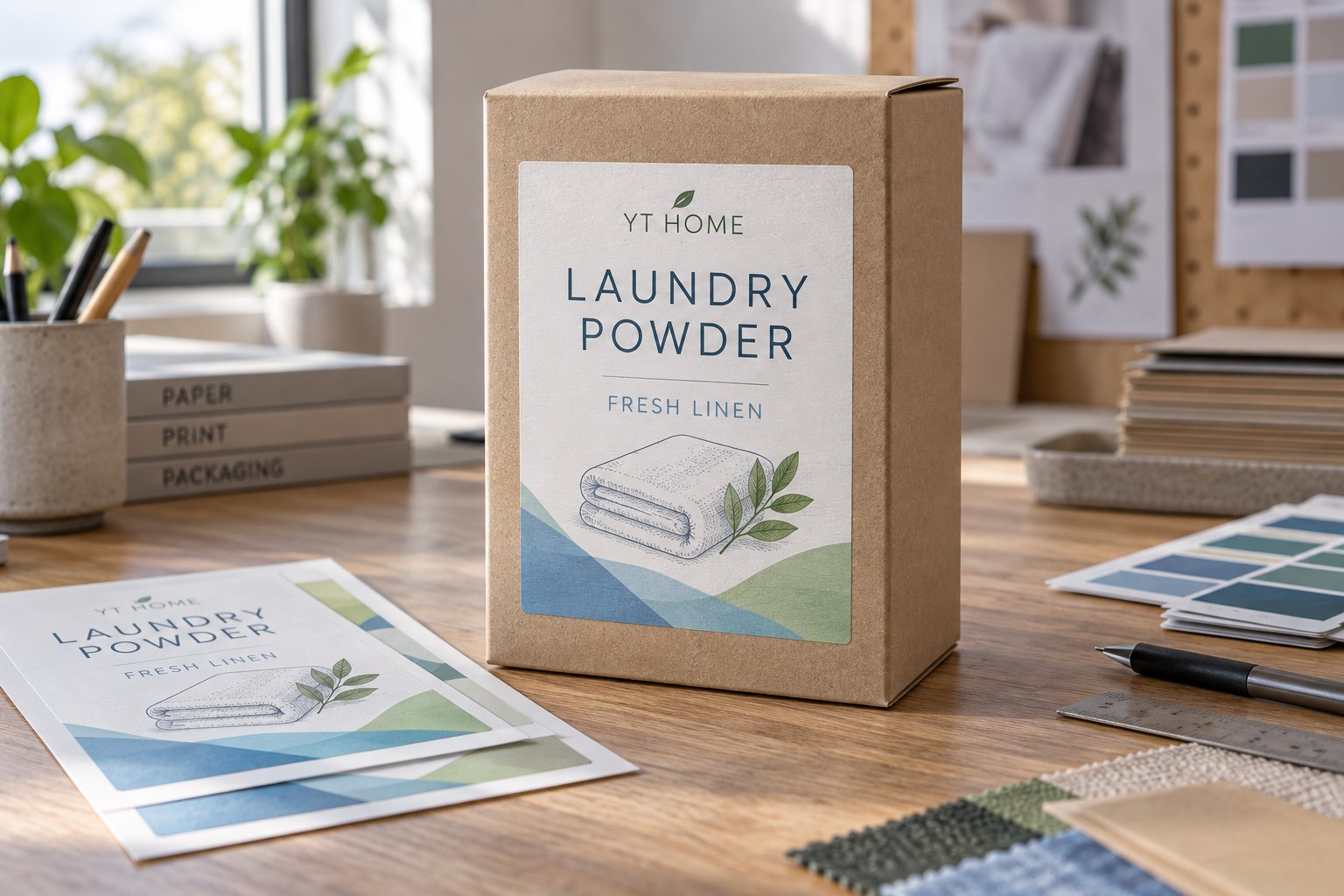 Laundry powder paperboard cartons with original wash-cycle icons, full colour printed labels and a matching label sheet